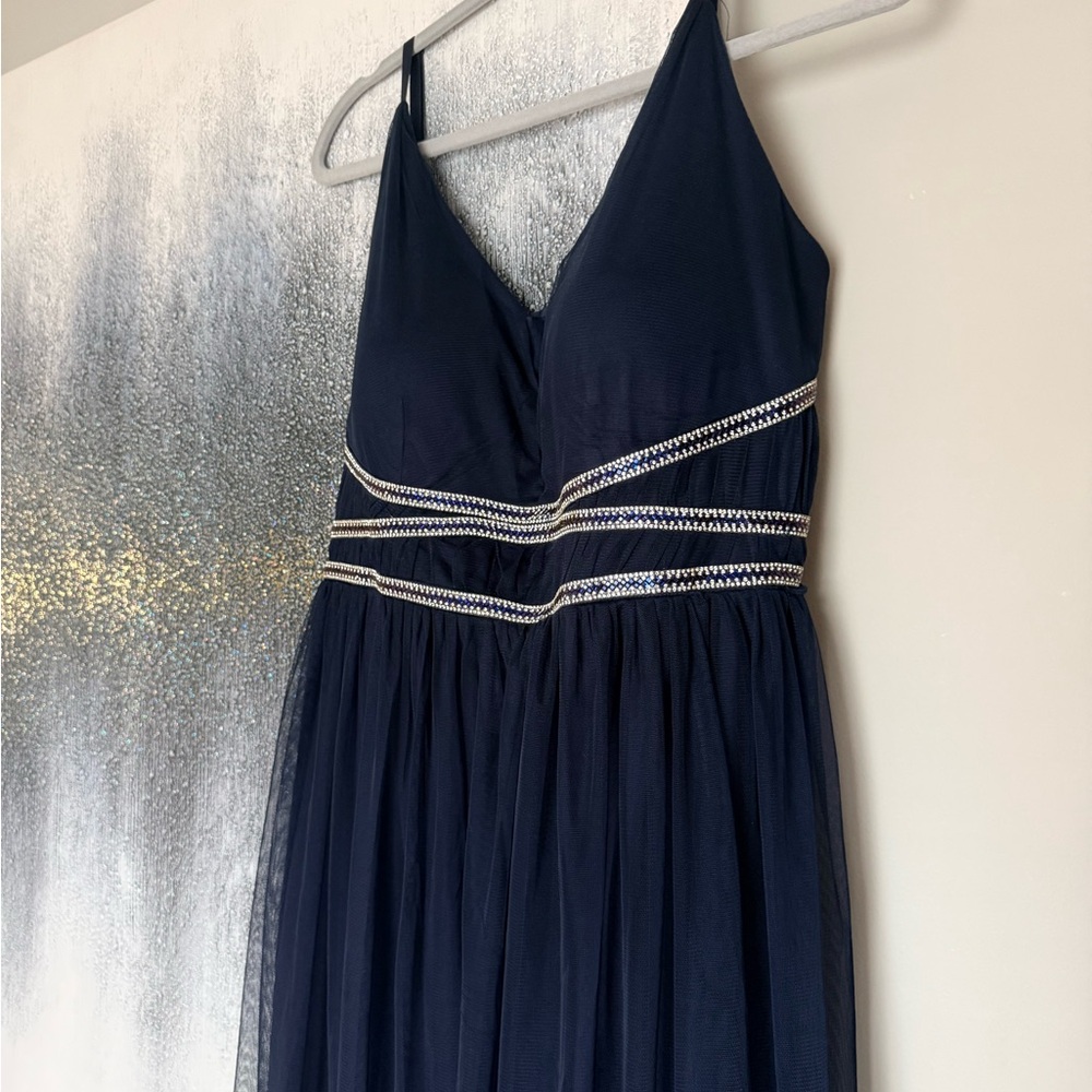Navy Tulle Evening Gown with Beaded Sleeves
